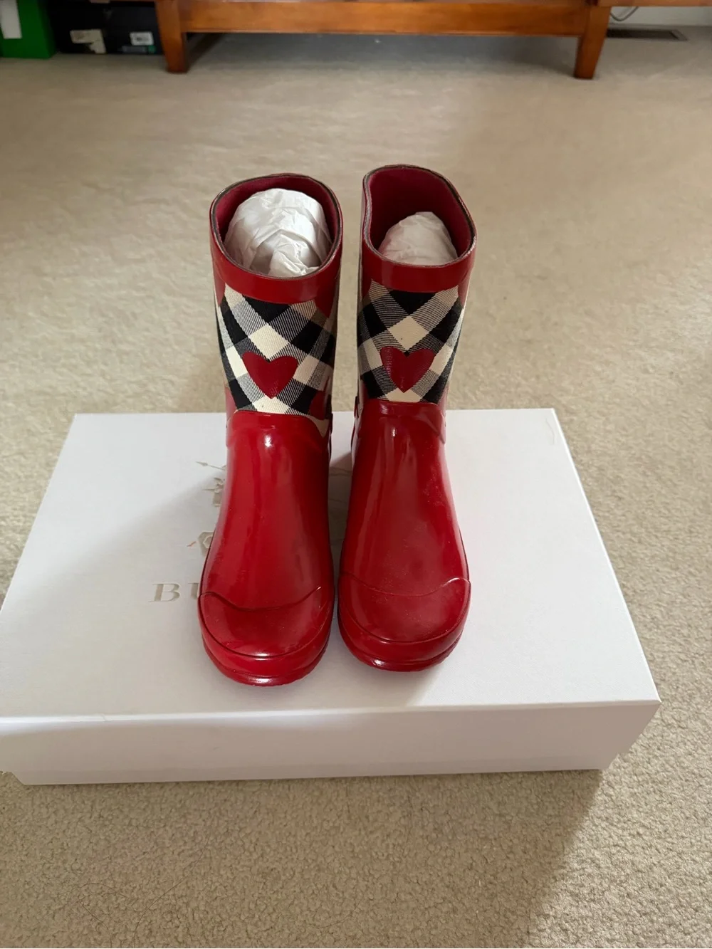 Burberry Kids Red Plaid Heart Rain Boots